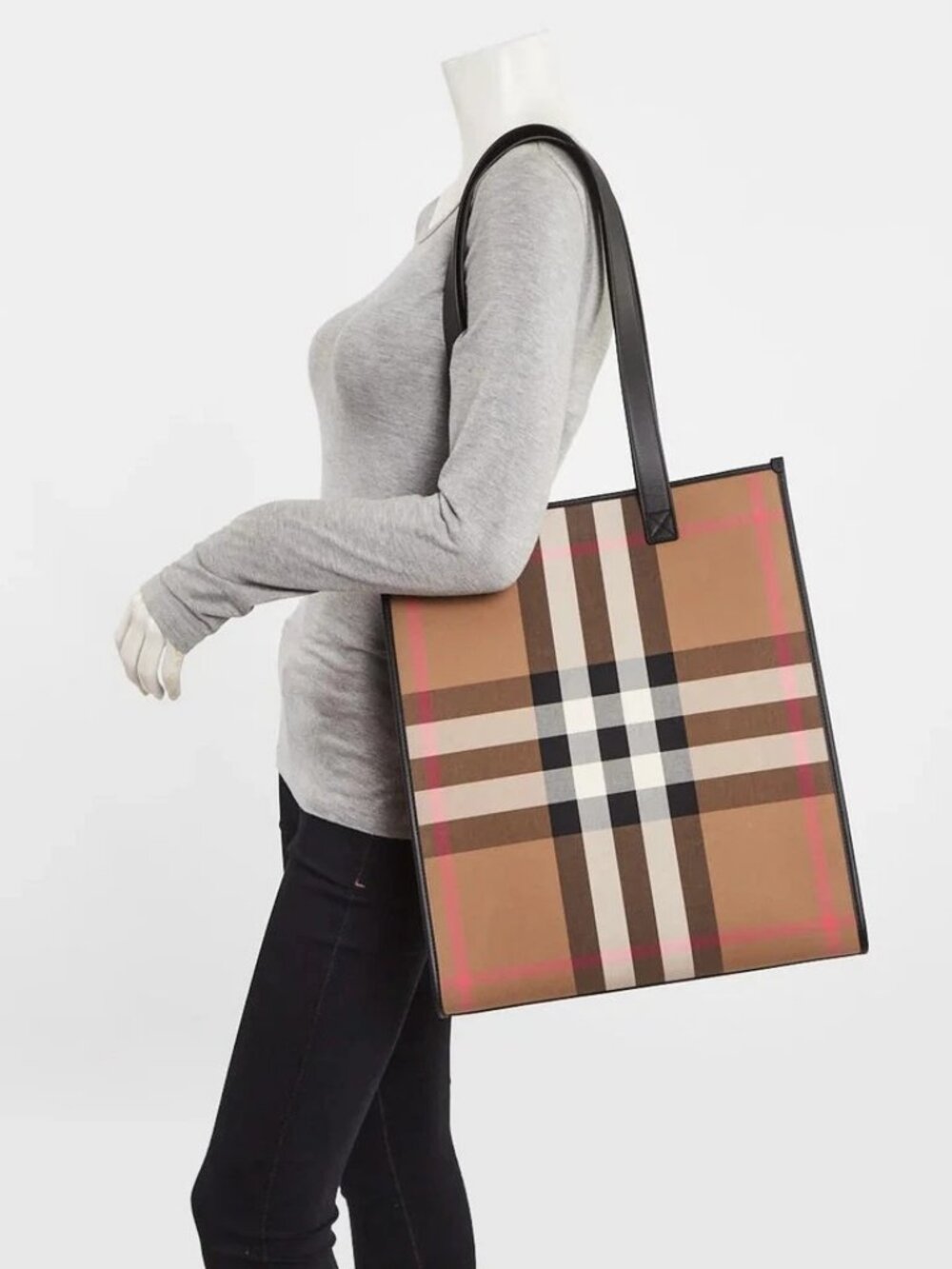 Burberry Taupe Brown Canvas/Leather Check Vertical Tote Bag - Picture 1 of 9